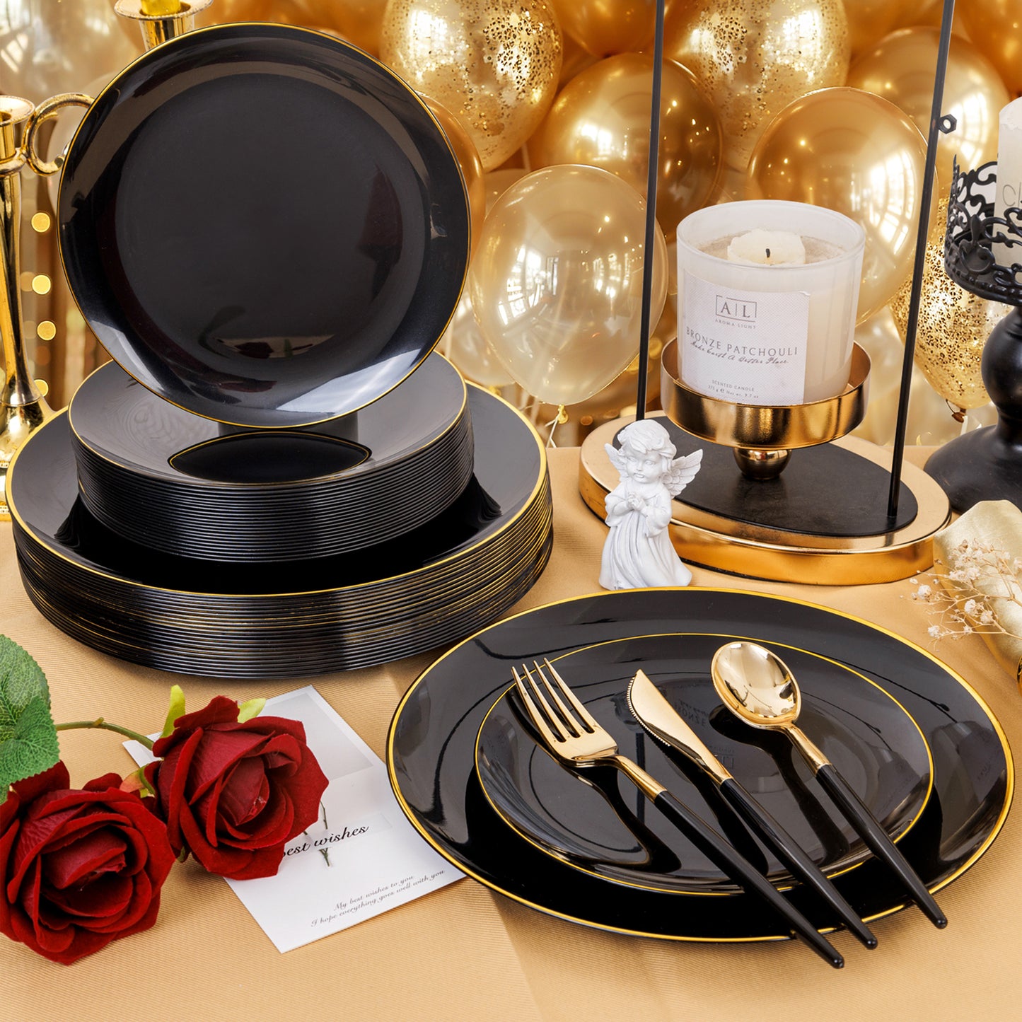 150pcs Black Plastic Plates, Black and Gold Plastic Plates,Gold Plastic Silverware,Black and Gold Dinnerware Set,Premiun Plastic Taleware,Perfect for Birthday,Party,Wedding,Anniversary
