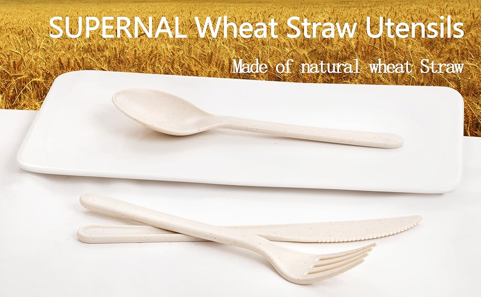 180pcs Plastic Silverware Heavy Duty,Reusable Plastic Silverware, Plastic Forks and Spoons,Beige Wheat Straw Silverware,Dishwasher Safe, Beige Color Suit for Party, Birthday, Wedding