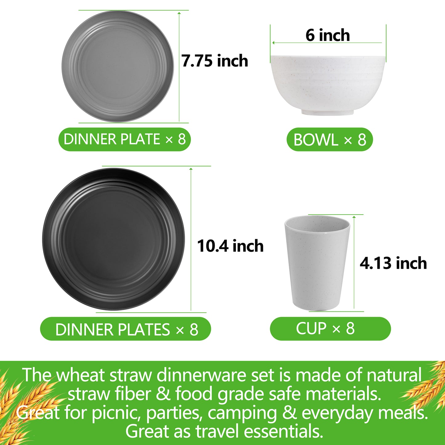 32pcs Wheat Straw Dinnerware Sets,Plates and Bowls Sets,Reusable Plastic Plates,Microwave Dishwasher Safe,Plastic Dinnerware Set,Four Color Set 16pcs Plates,8pcs Bowls,8pcs Cups