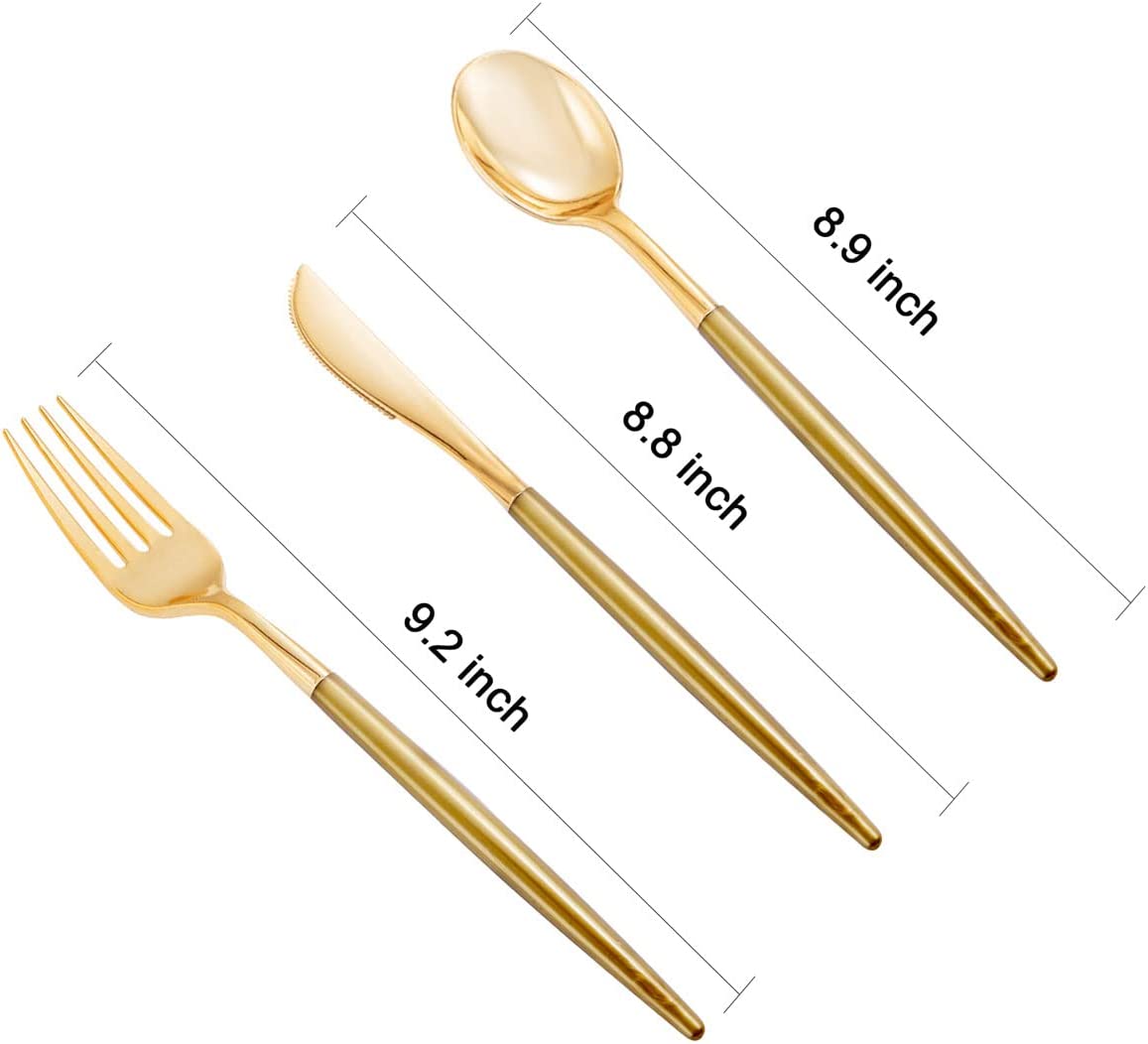 102pcs Gold Plastic Silverware,Disposable Flatware with Dark Gold Handle,Gold Cutlery,Plastic Forks and Spoons Knives,34 Forks,34Knvies,34 Spoons,Perfect for Birthday,Party,Wedding