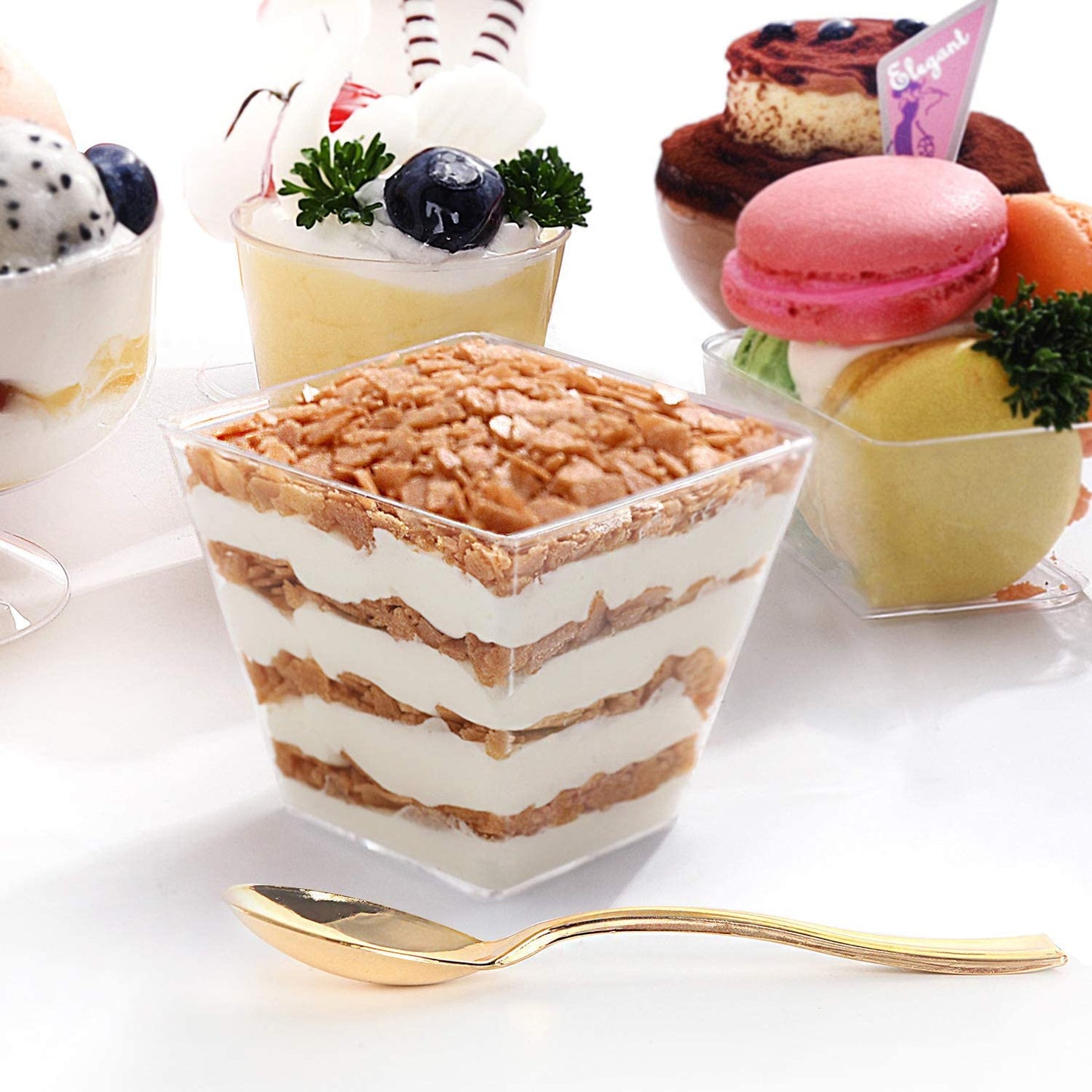 100pcs Square Plastic Dessert Cups (4oz) with 100pcs Mini Gold Plastic Spoons, Plastic Parfait Appetizer Cup, Medium Clear Dessert cups Perfect for Cakes, Ice Cream, Desserts Appetizers