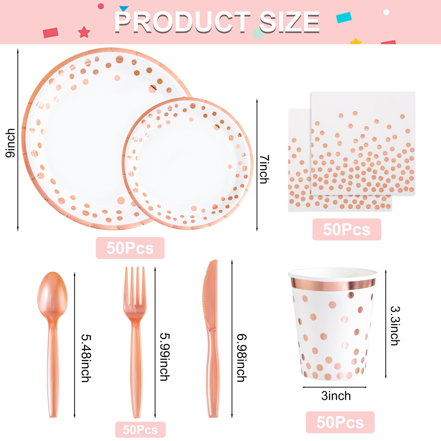 350pcs Rose Gold Plates and Napkins Party Supplies,Happy Birthday Plates and Napkins,Rose Gold Paper Plates,Napkins,Cups,Rose Gold Plastic Forks,Knives,Spoons for Womens Birthday Decorations