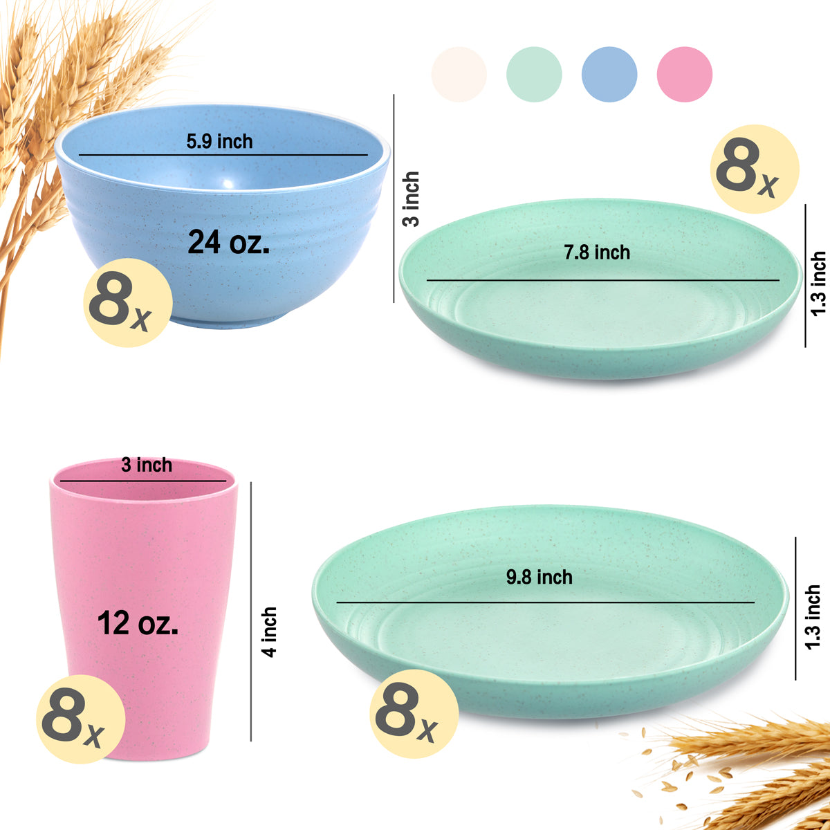 Wheat Straw Dinnerware, Microwave Dishwasher Safe, Unbreakable Light Weight Plates Service For 8, Reusable Tableware Set, Multicolor Set 16pcs Plates, 8pcs Bowls, 8pcs Cups
