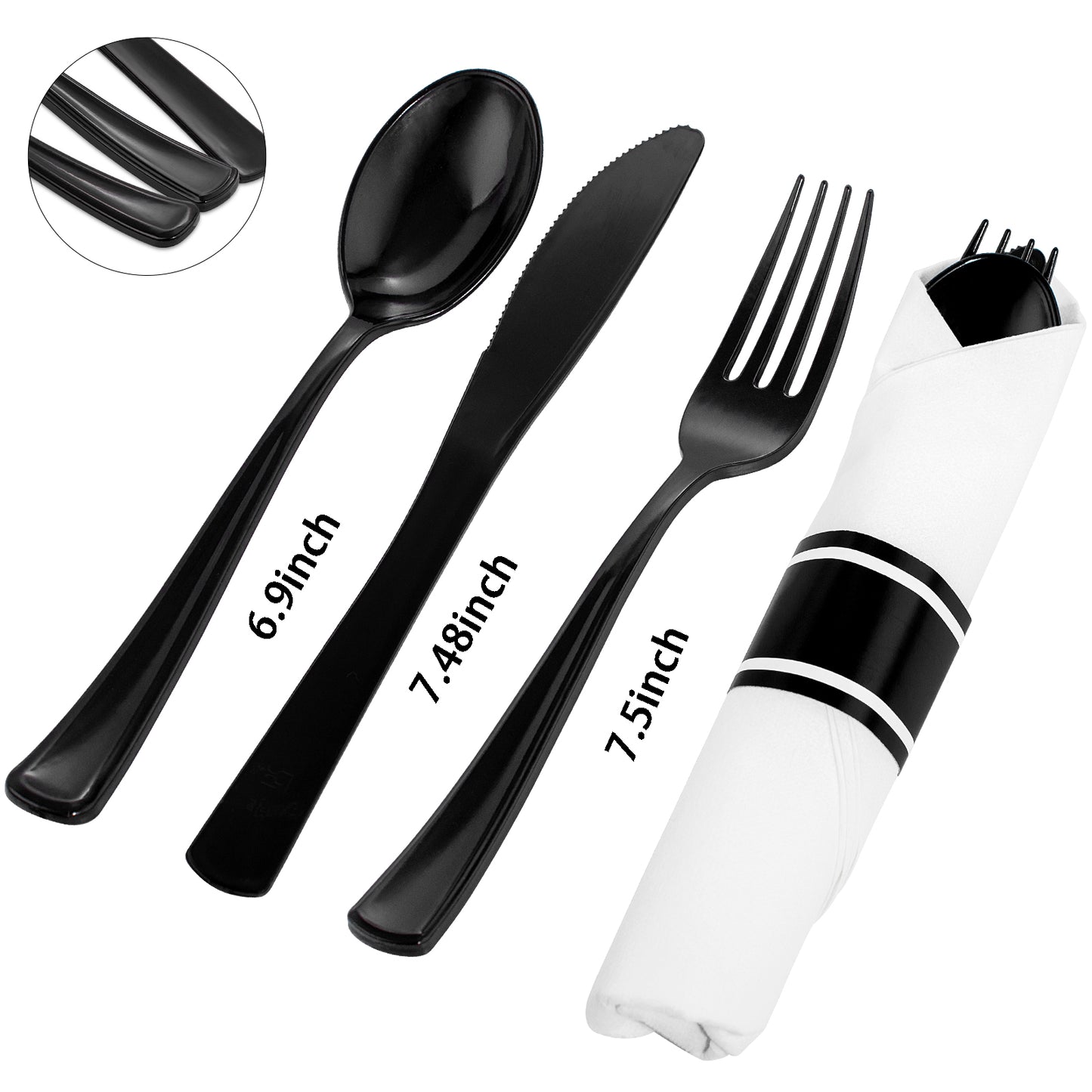 60 Pack Black Plastic Silverware,Rolled Plastic Silverware,Pre Wrapped Black Silverware,Heavy Duty Plastic Cutlery,Plastic Forks and Spoons,Rolled Cutlery with Napkins,Pre Wrapped Cutlery