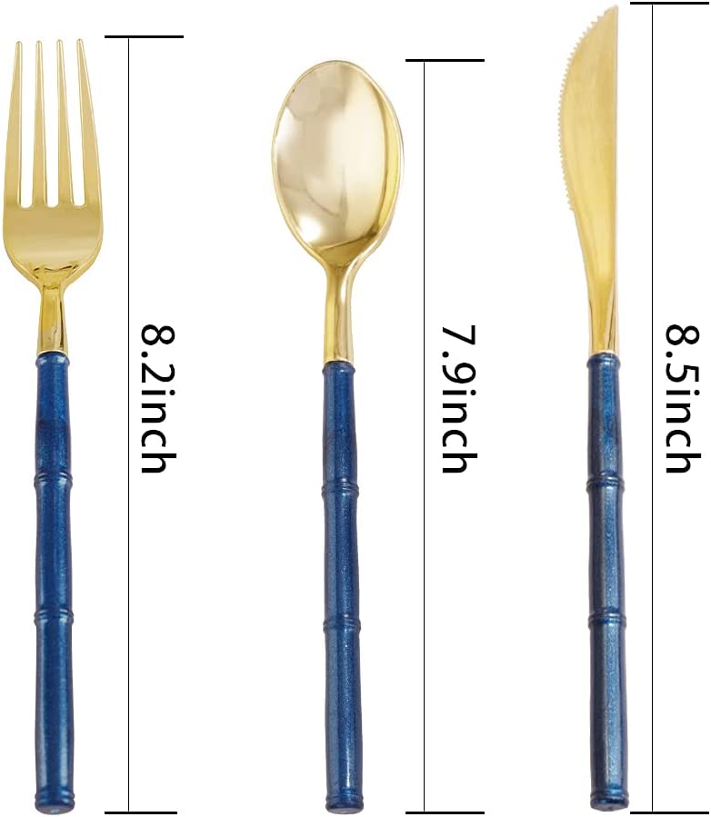 180 Pieces Gold Plastic Silverware,Gold Plastic Cutlery with Blue Glitter Bamboo Handle,Elegant Plastic durable Cutlery,60 Gold Knives,60 Gold Forks,60 Gold Spoons