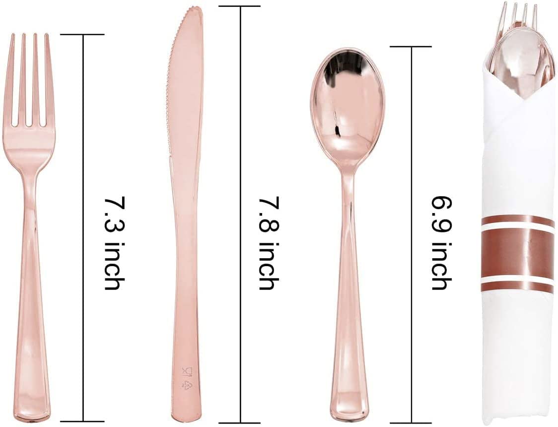 Set of 60 packs Rose Gold Silverware, Pre Rolled Silverware with Rose Gold, Wrapped Plastic Silverware,Rose Gold Cutlery,Heavy Weight Cutlery with Linen Napkin Suit for Wedding, Party