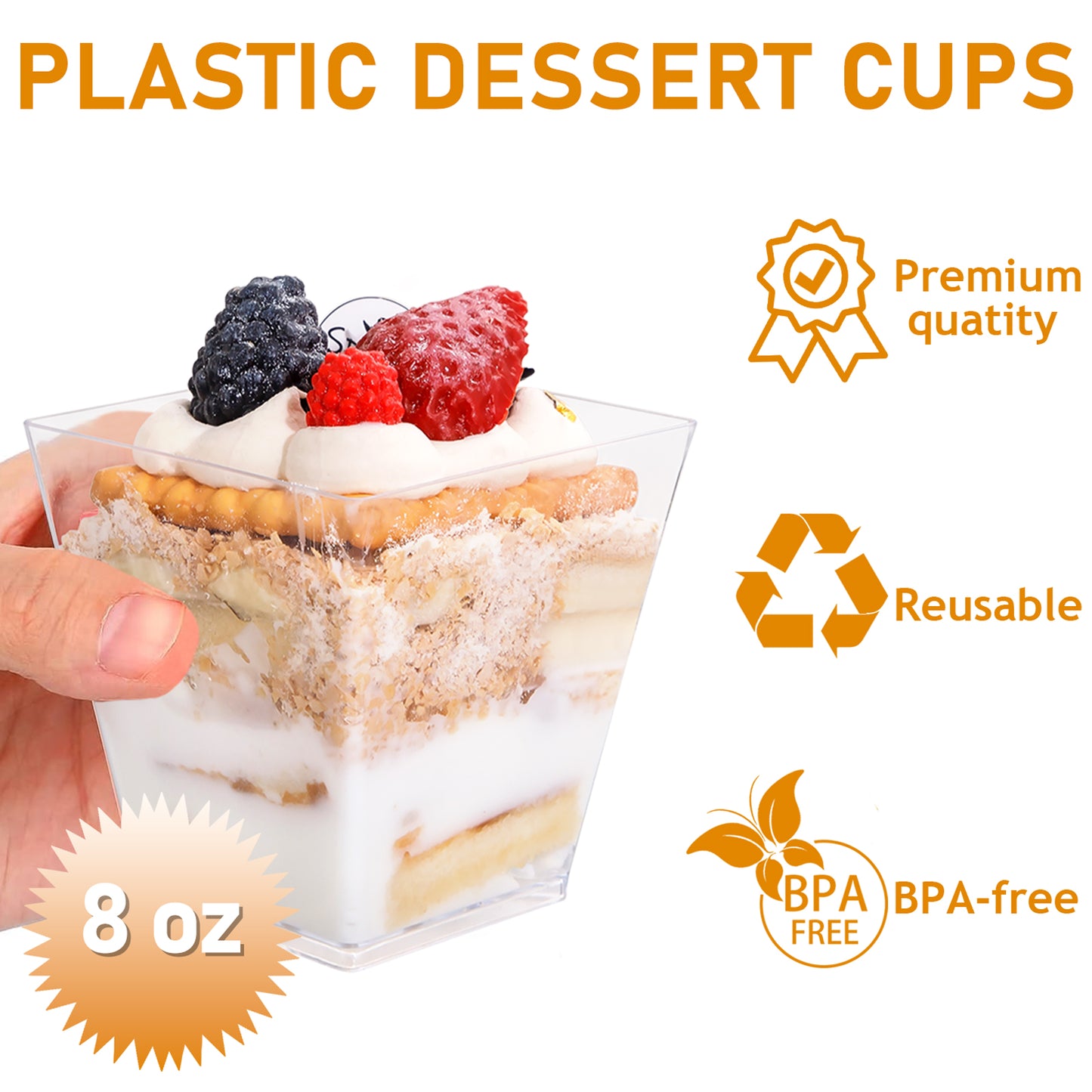 8oz Square Plastic Dessert Cups,Disposable Plastic Cups,Clear Dessert Cups 100pcs,Plastic Parfait Appetizer Cups Perfect for Birthday,Party,Wedding