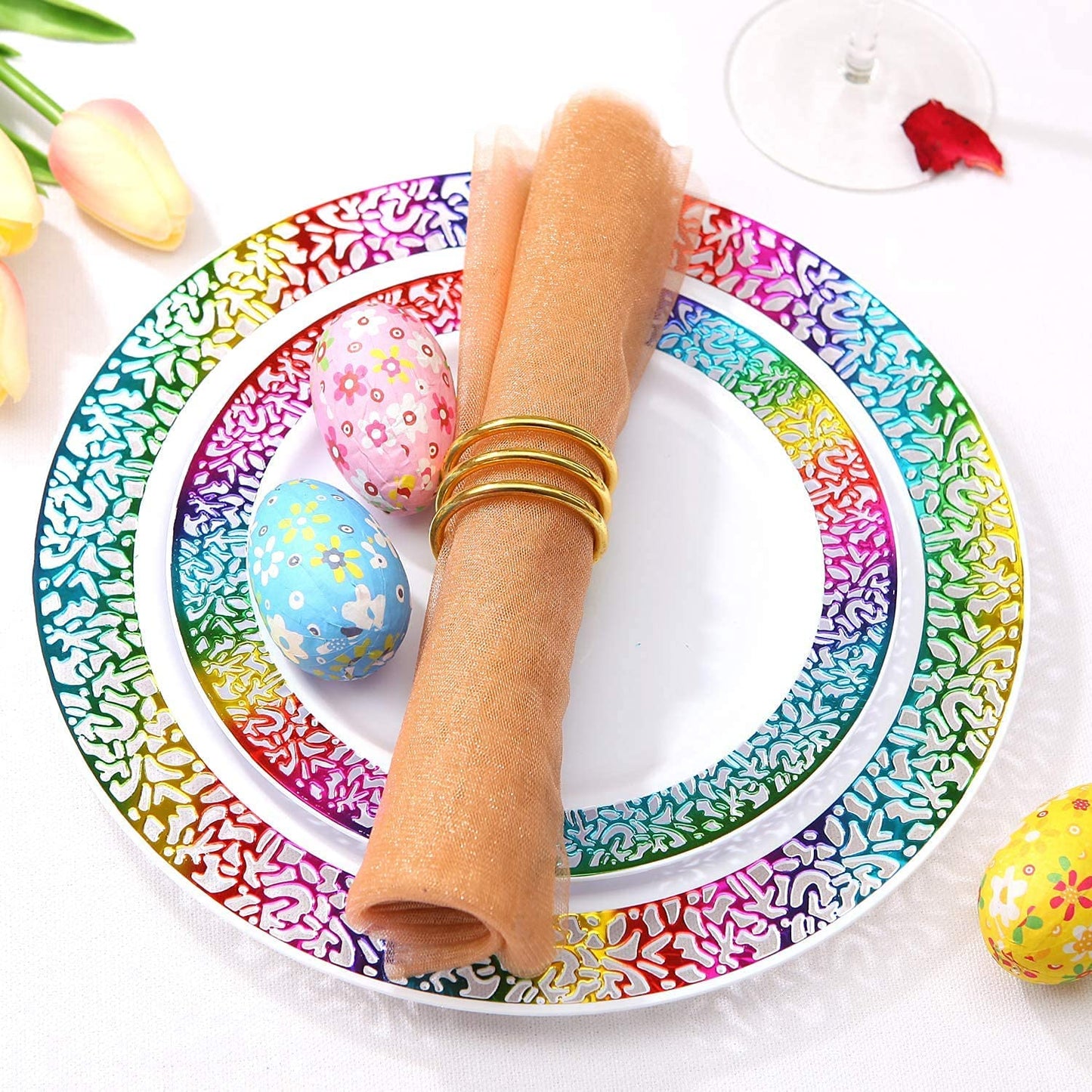 60pcs Gold Plastic Plates,Disposable Lace Plates,Rainbow Plastic Plates,Tie-dye Plates,Birthday Party Plates Include 30 Dinner Plates,30 Salad Plates,Perfect for Birthday,Party,Wedding