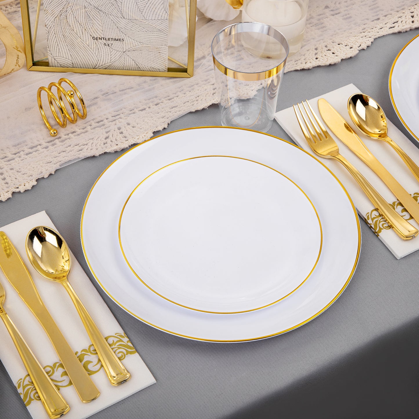 350PCS Gold Plastic Plates,White and Gold Plastic Dinnerware Set,White Plastic Plates with Gold Rim,include 100 Plastic Plates, 150 Gold Plastic Silverware, 50 Cups, 50 Napkins for Wedding
