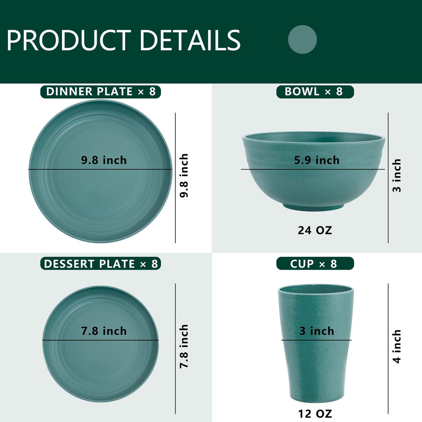 32pcs Wheat Straw Dinnerware Sets,Dinnerware Sets for 8,Unbreakable Dinnerware,Reusable Tableware,Dark Green Set 16pcs Plates, 8pcs Bowls, 8pcs Cups,Microwave Dishwasher Safe