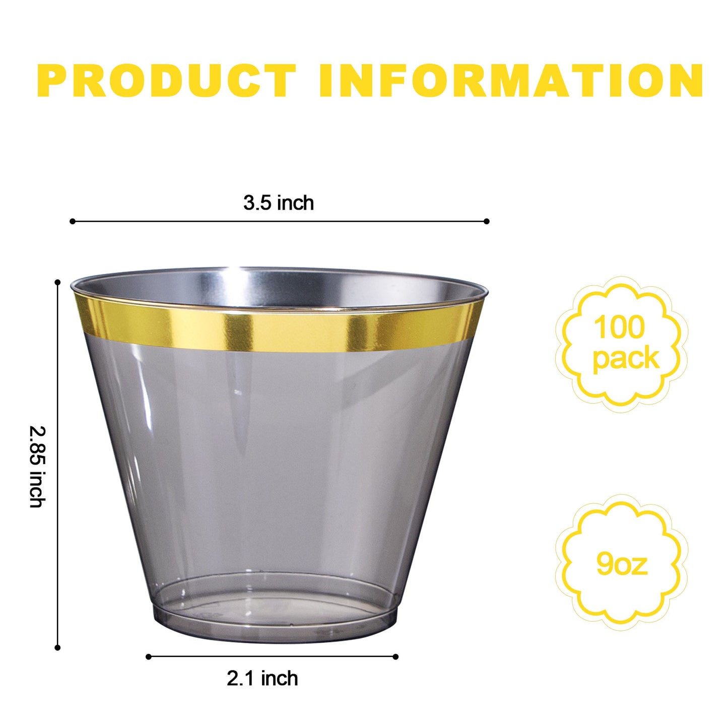 100pcs Gold and Black Plastic Cups 9OZ Elegant Gold Rimmed Plastic Cups Clear Party Cups Fancy Disposable Wedding Cups for Family Gatherings, Afternoon Tea, Parties
