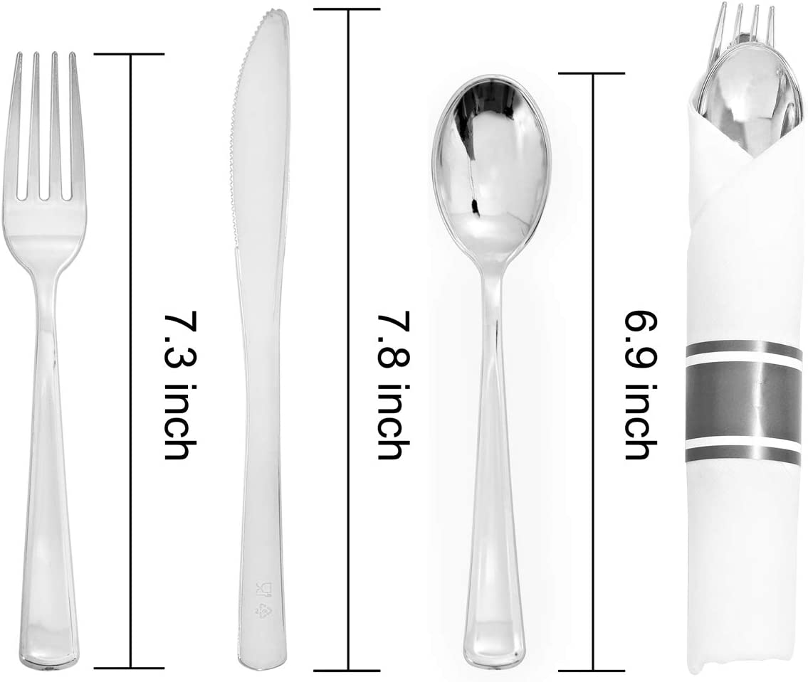 60 Pack Silver Plastic Silverware,Pre Rolled Silverware,Premium Disposable Silver Cutlery,Suit for Wedding,Catering Event,Birthday,Party
