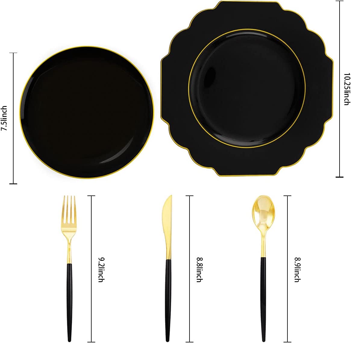 150pcs Gold Plastic Dinnerware Set, Halloween Black Plastic Plates,Gold Plastic Silverware,Black and Gold Cutlery,include 30 Dinner Plates,30 Dessert Plates,30 Forks,30 Knives,30 Spoons
