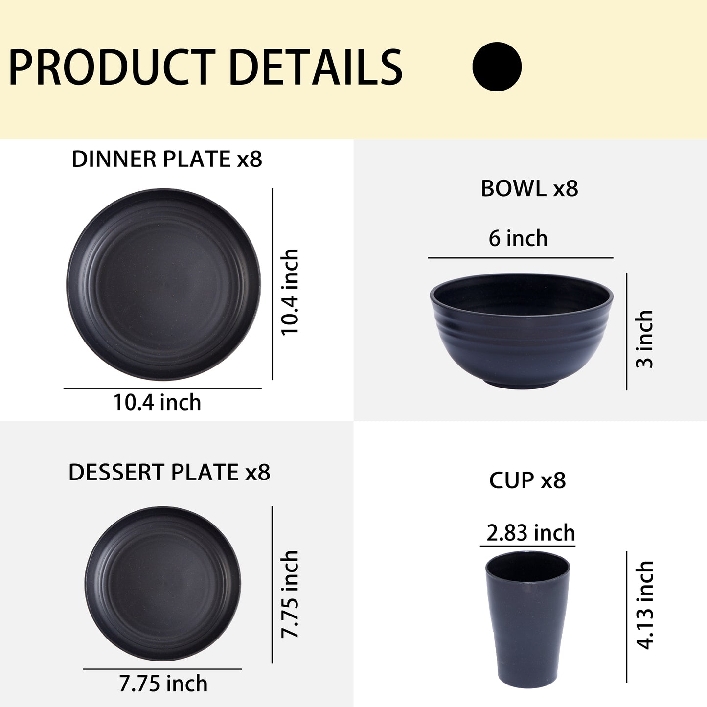 Wheat Straw Dinnerware Sets,Unbreakable Dinner Plates for 8,Microwave Dishwasher Safe,Reusable Dinnerware,Black Set 16pcs Plates, 8pcs Bowls, 8pcs Cups.