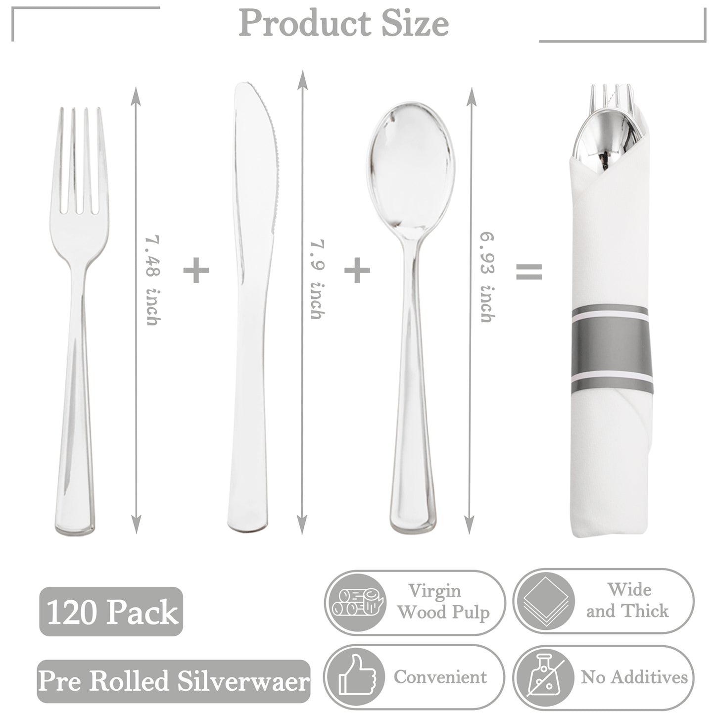 Silver Plastic Silverware,Rolled Plastic Silverware,Pre Rolled Napkins with Plastic Cutlery Set,Wrapped Plastic Cutlery Set with Napkin,Silverware Set Disposable Dinnerware Set 120 Guests