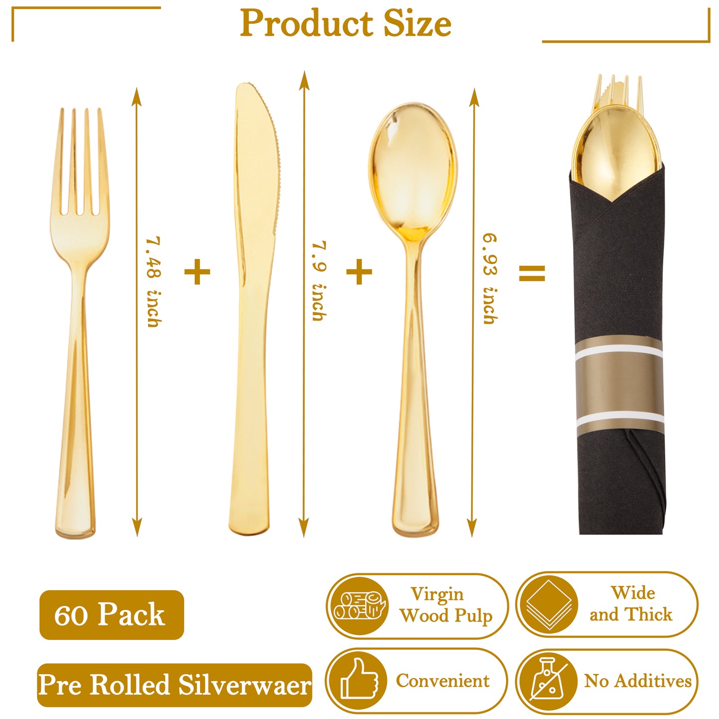 60 Pack Gold Plastic Silverware,Rolled Plastic Silverware,Pre Wrapped Gold Silverware with Black Napkins,Heavy Duty Plastic Cutlery,Plastic Forks and Spoons,Rolled Gold Plastic Cutlery