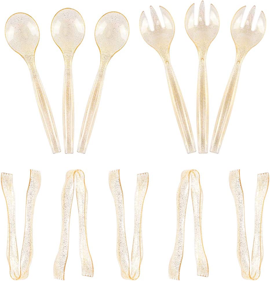 72 pcs Plastic Serving Utensils,Gold Plastic Silverware,24 pcs 10" Plastic Serving Spoons,24 pcs 10" Plastic Serving Forks,24pcs 6.3" Plastic Serving Tongs,Perfect for Birthday,Party,Wedding