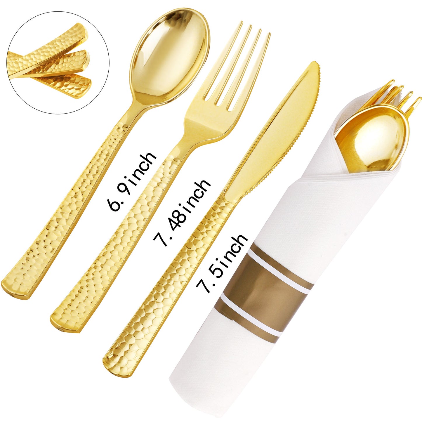 60 Pack Gold Plastic Silverware,Pre Rolled Silverware Set Disposable,Plastic Silverware Set for Parties,Plastic Utensils Heavy Duty include Linen Napkins,For Party and Weddings
