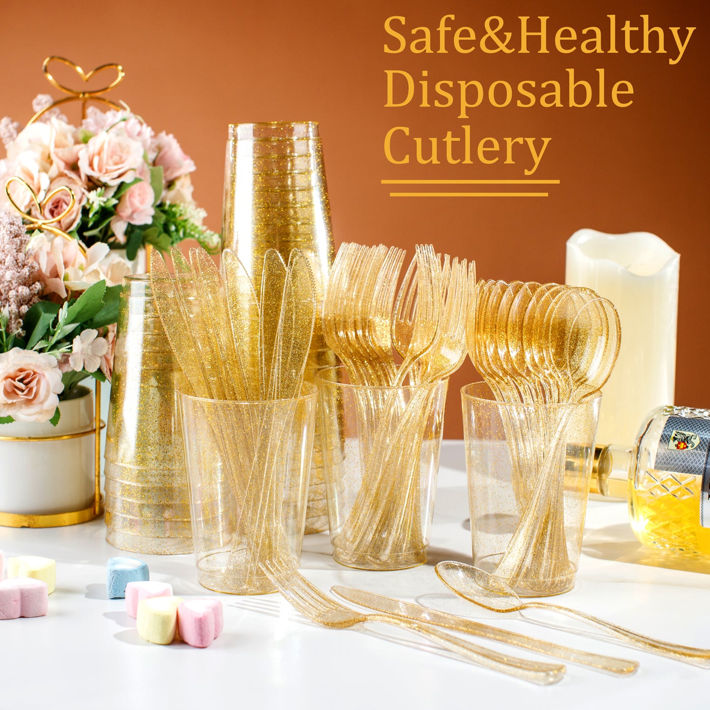 300pcs Gold Plastic Silverware,Gold Disposable Utensils,Gold Glitter Dinnerware Include 100pcs Plastic Gold Forks,100pcs Gold Spoons & 100pcs Gold Knives Perfect for Birthday, Wedding