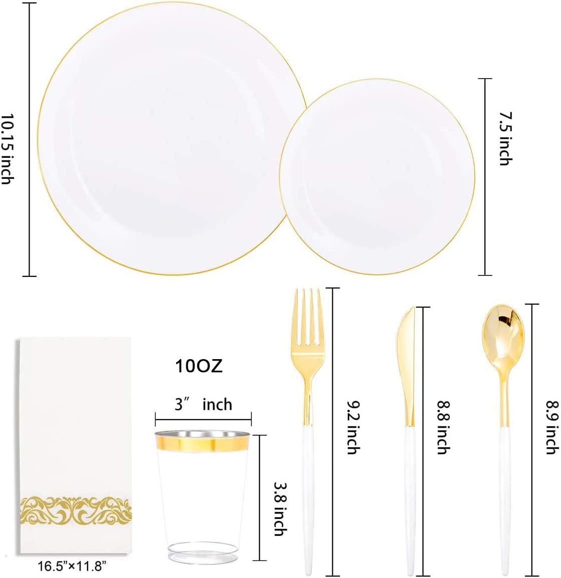 350pcs Gold Plastic Dinnerware Set,Gold Plastic Silverware with White Handle,Disposable White Plastic Plates for Party or Wedding,Clear Cups,Gold Rim Napkins