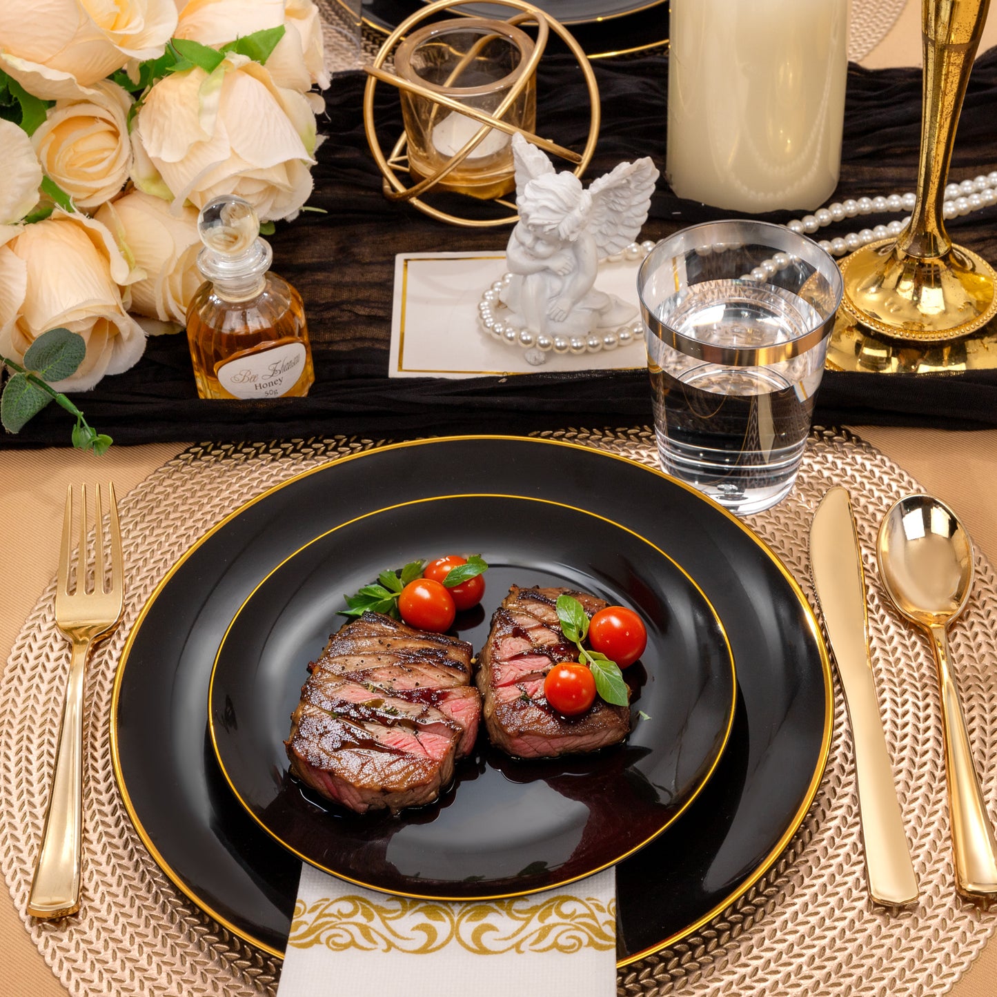 350pcs Black and Gold Plastic Dinnerware Set,Black Plastic Plates with Gold Rim,Black and Gold Plastic Plates,Gold Plastic Silverware,Gold Cups,Great for Birthday,Party,Wedding