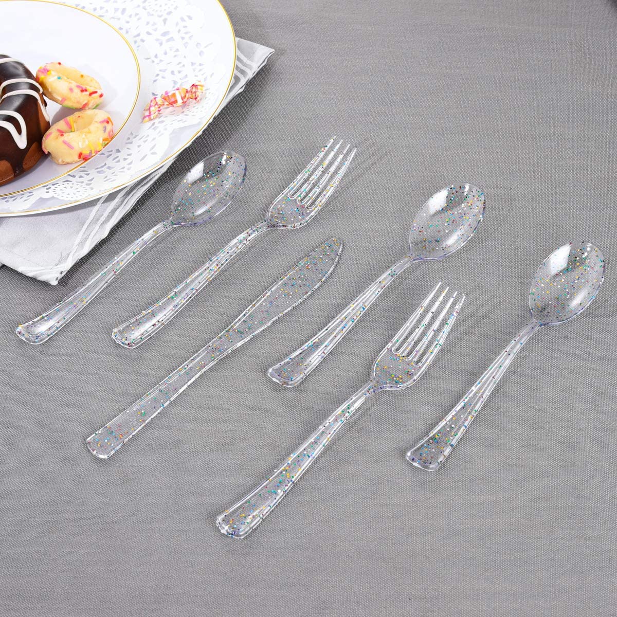 360pcs Clear Plastic Silverware, Glitter Disposable Cutlery with Colorful Design,120 Forks,120 Knives,120 Spoons,Perfect for Parties Birthday
