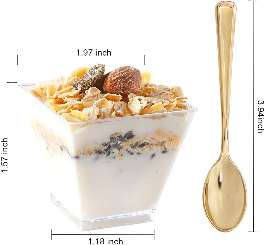 2oz Square Plastic Mini Dessert Cups with Gold Spoons,Parfait Appetizer Cup,100pcs Cups,100pcs Gold Spoons,Perfect for Birthday,Party,Wedding