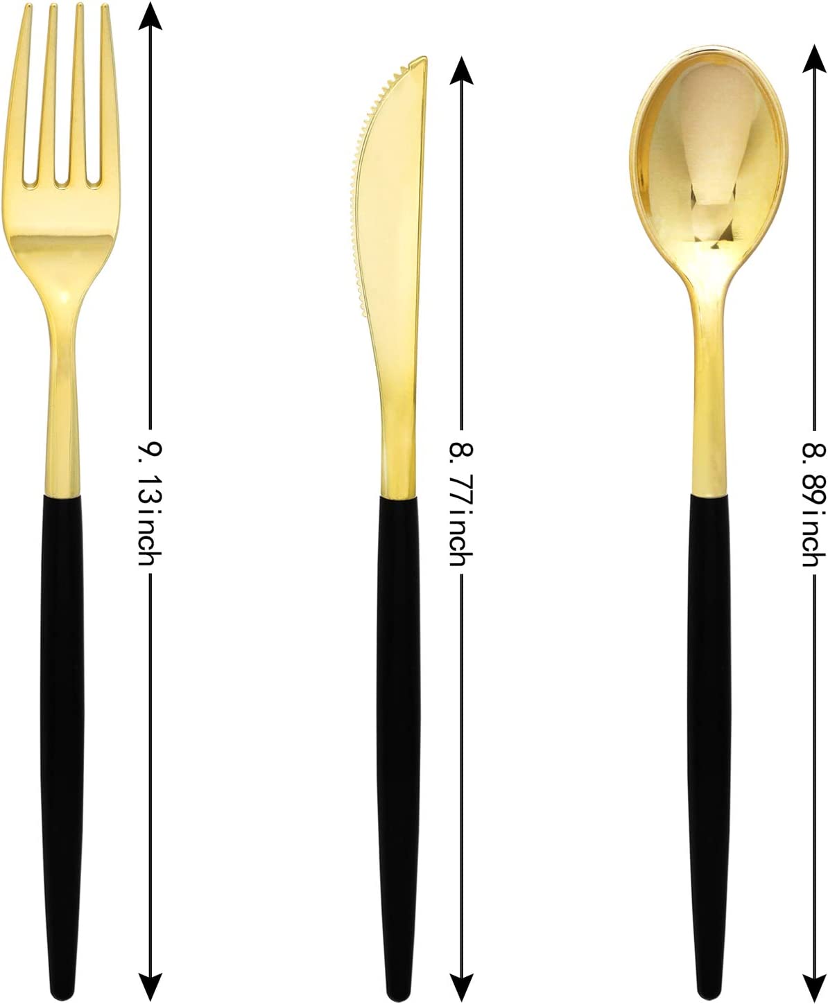 102pcs Gold Plastic Siverware,Gold Plastic Cutlery with Black Handle,Gold Plastic Flatware,Gold Forks and Spoons,34 Knives,34 Forks,34 Spoons,Great for Wedding, Party and Birthday