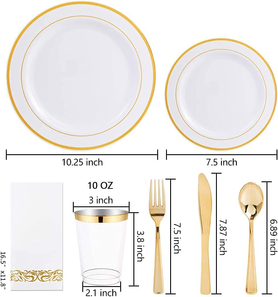 400pcs Gold Plastic Dinnerware Set Disposable Plates For Party Wedding Heavy Duty Gold Plastic Plates Gold Plastic Silverware,Gold Napkins,Suit for Thanksgiving Christmas