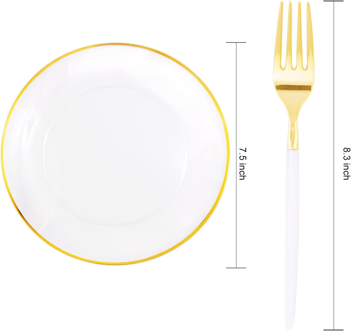 96pcs Dessert Plates Set Include 48pcs Gold Plastic Dessert Plates,48pcs Gold Dessert Forks,Disposable Clear Appetizer Plates 7.5", Perfect for Parties or Weddings