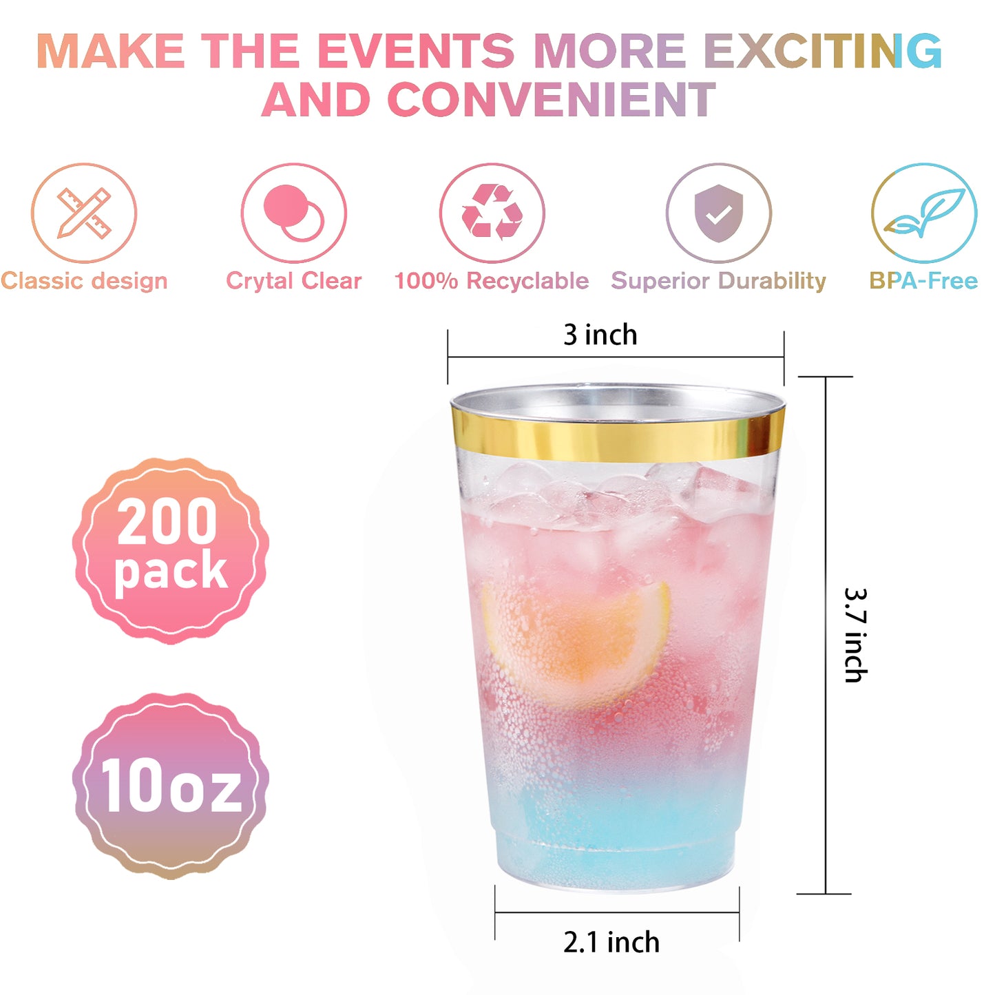 200pcs Gold Plastic Cups,Hard Plastic 10oz Party Cups,Disposable Cups for Picnics, Barbecues, Camping Trips, and Beach Parties,Weddings
