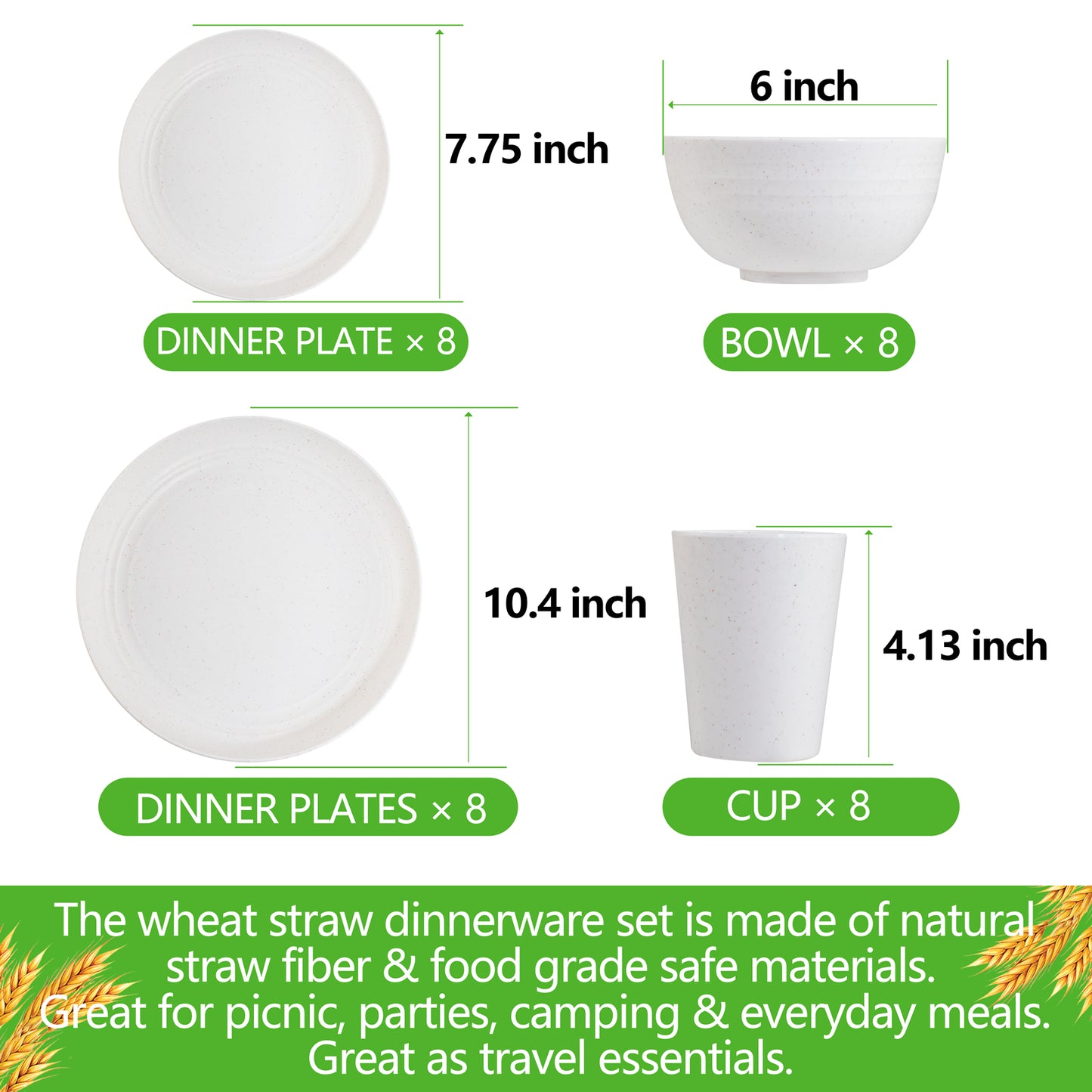 32pcs Wheat Straw Dinnerware Sets, White Dishes for 8, Plates and Bowls Sets, Reusable Plastic Plates, Microwave Dishwasher Safe Plates, White Plastic Dinnerware Set, White Plastic Plates