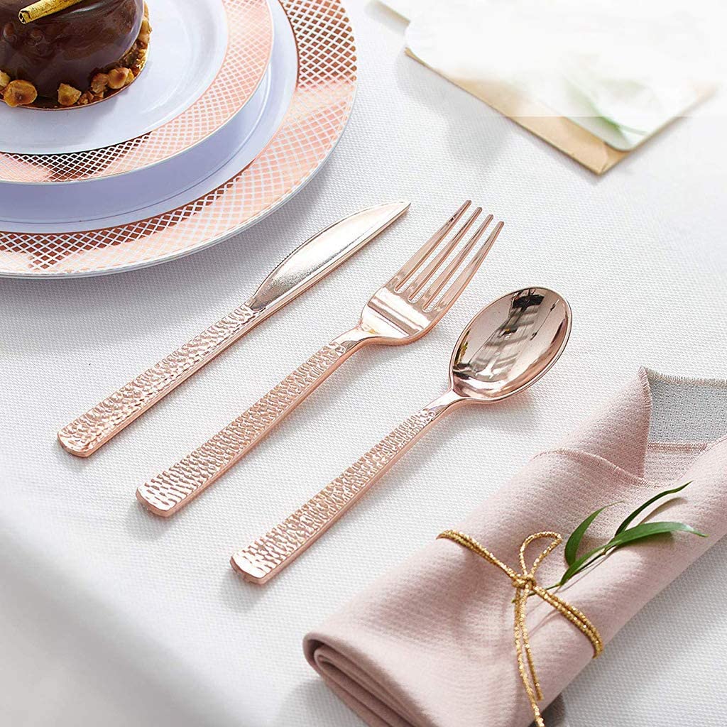 180pcs Rose Gold Plastic Silverware, Rose Gold Plastic Utensils,Plastic Forks and Spoons,Plastic Knives,Plastic Silverware Suit for Parties, Birthday, Wedding, Monther's Day, Easter