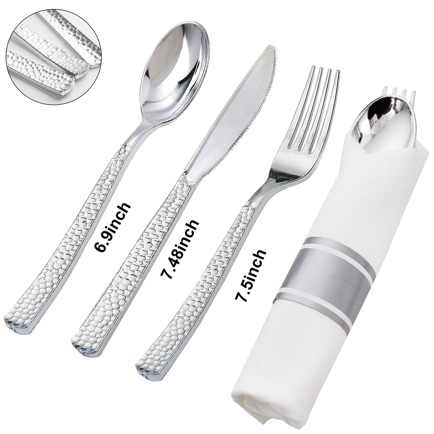 60 Pack Pre-Rolled Napkins with Silver Plastic Utensils,Heavy Duty Wrapped Cutlery,Silver Plastic Silverware, Forks and Spoons,Premium Disposable Plastic Silverware Sets for Any Occasion.