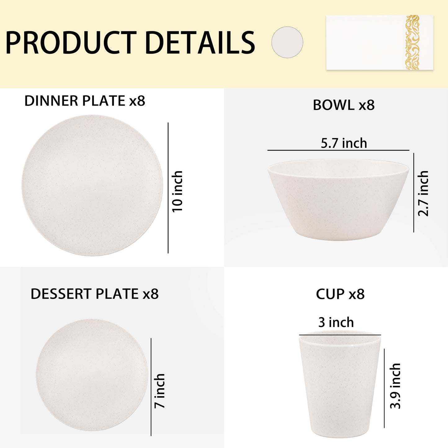 32pcs Wheat Straw Dinnerware Sets with 25pcs Gold Napkins,Plates and Bowls Sets,Beige Plastic Dinnerware Sets Dish Set for 8,Microwave Dishwasher Safe Plates for Halloween Thanksgiving