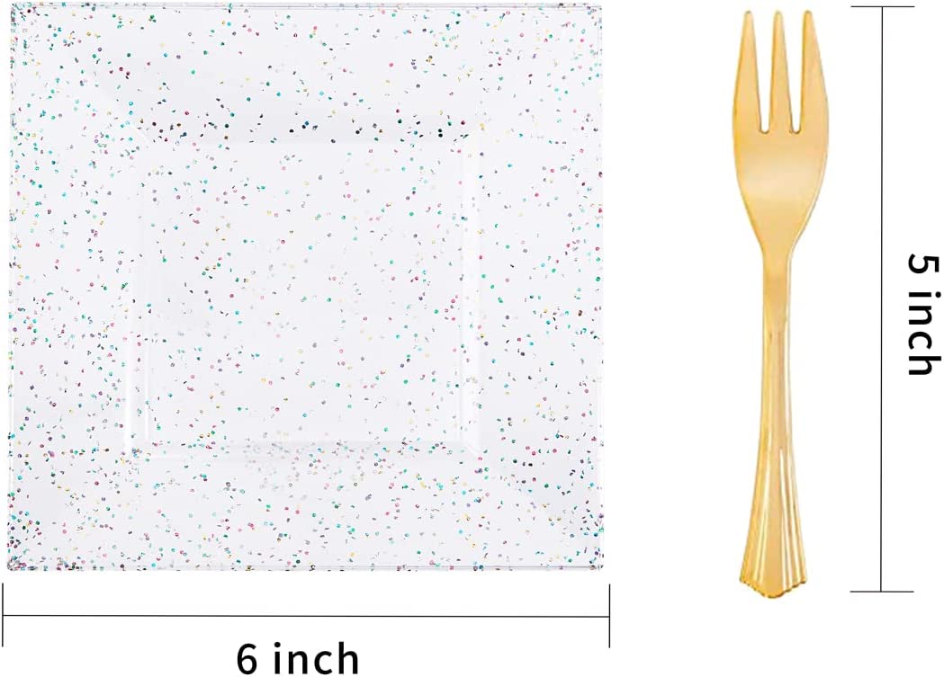 Plastic Square Plates, Glitter Design, 100pcs, 6'' Dishware, BPA Free, Reusable with Caveats, Clear