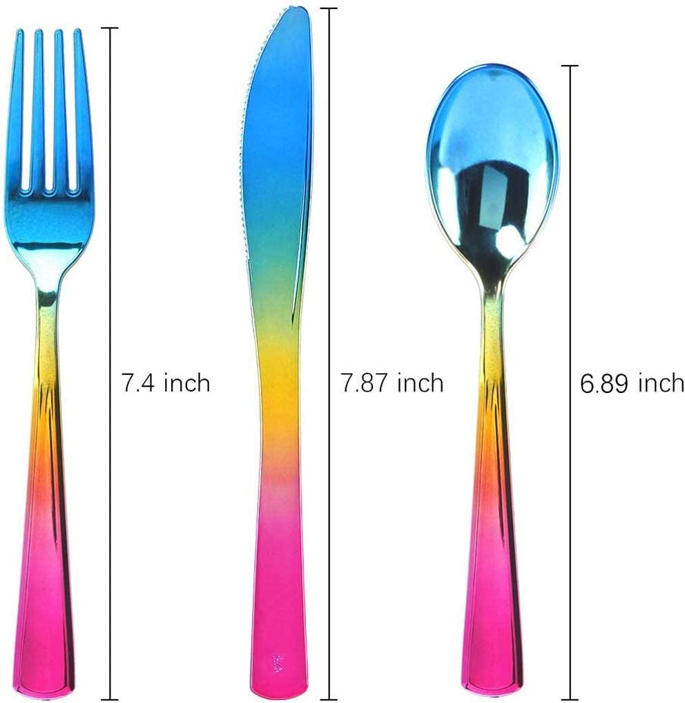 120pcs Rainbow Silverware Set,Rainbow Plastic Silverware,Rainbow Plastic Cutlery,Colorful Silverware Set,Rainbow Utensils,Rainbow Flatware,40 Forks,40 Knives and 40 Spoons for Trolls Party