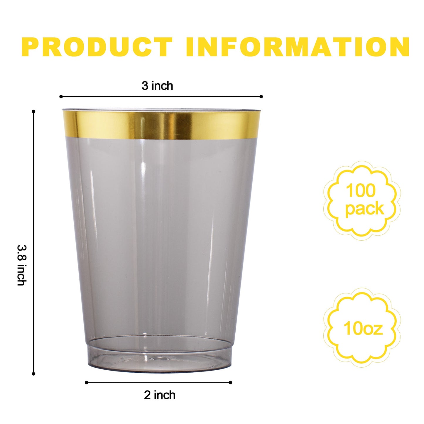 100pcs Gold and Black Plastic Cups 10oz Gold Rimmed Plastic Cups Elegant Black Party Plastic Cups Heavy Duty Plastic Cups Fancy Wedding Cups Drinking Tumblers for Family Gatherings,Parties