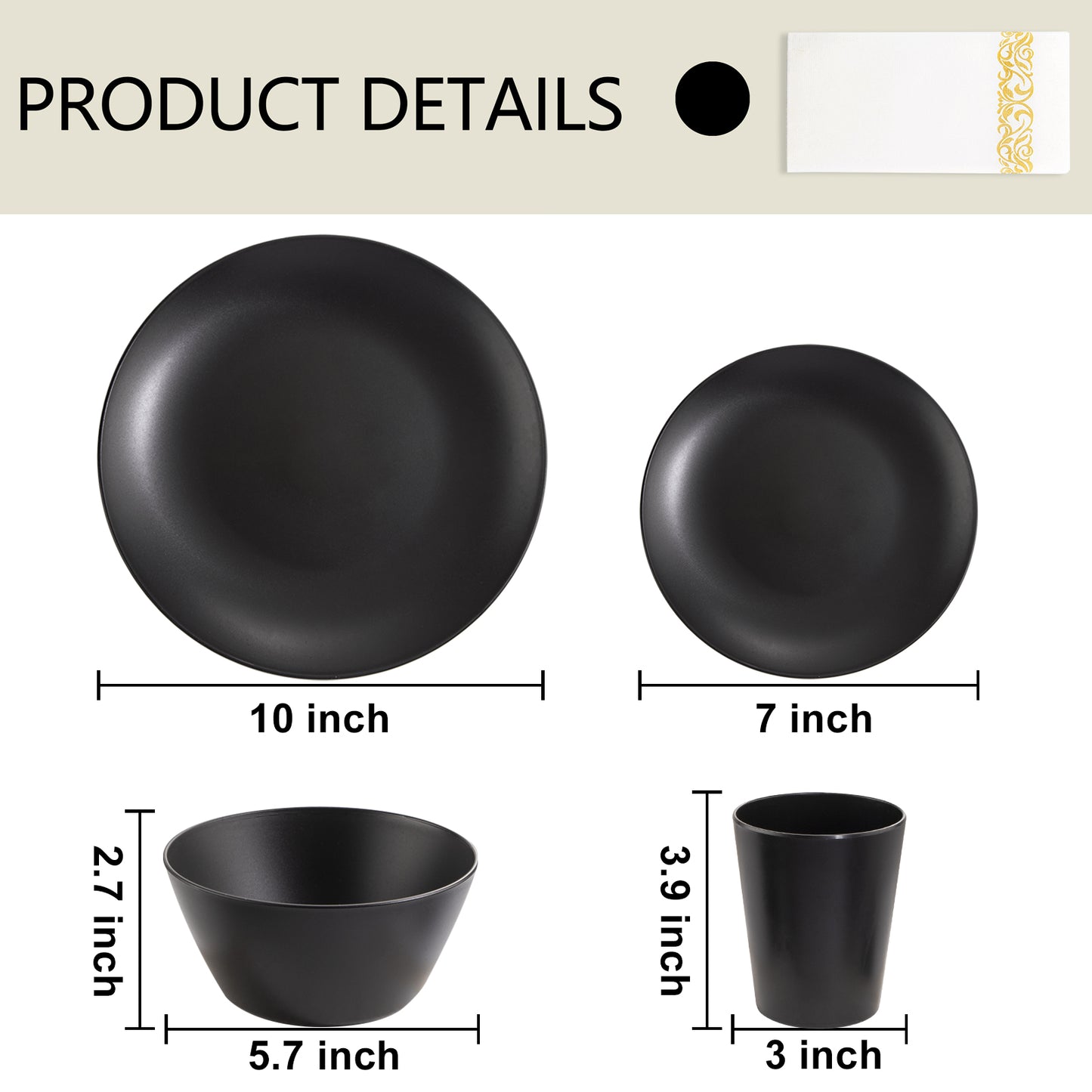 32pcs Black Wheat Straw Dinnerware Sets with 25pcs Linen Napkins,Plates and Bowls Sets for 8,Black Plastic Dinnerware Sets, Microwave Dishwasher Safe Plates, Dishes Set for 8 for Halloween
