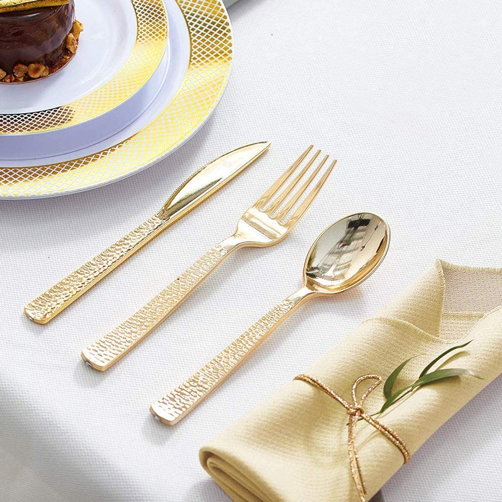 180 pieces Gold Plastic Silverware,Gold Plastic Cutlery,Gold Forks and Spoons,Party Plastic Flatware Include 60 Gold Forks,60 Gold Knives,60 Gold Spoons,Suit for Party,Birthday