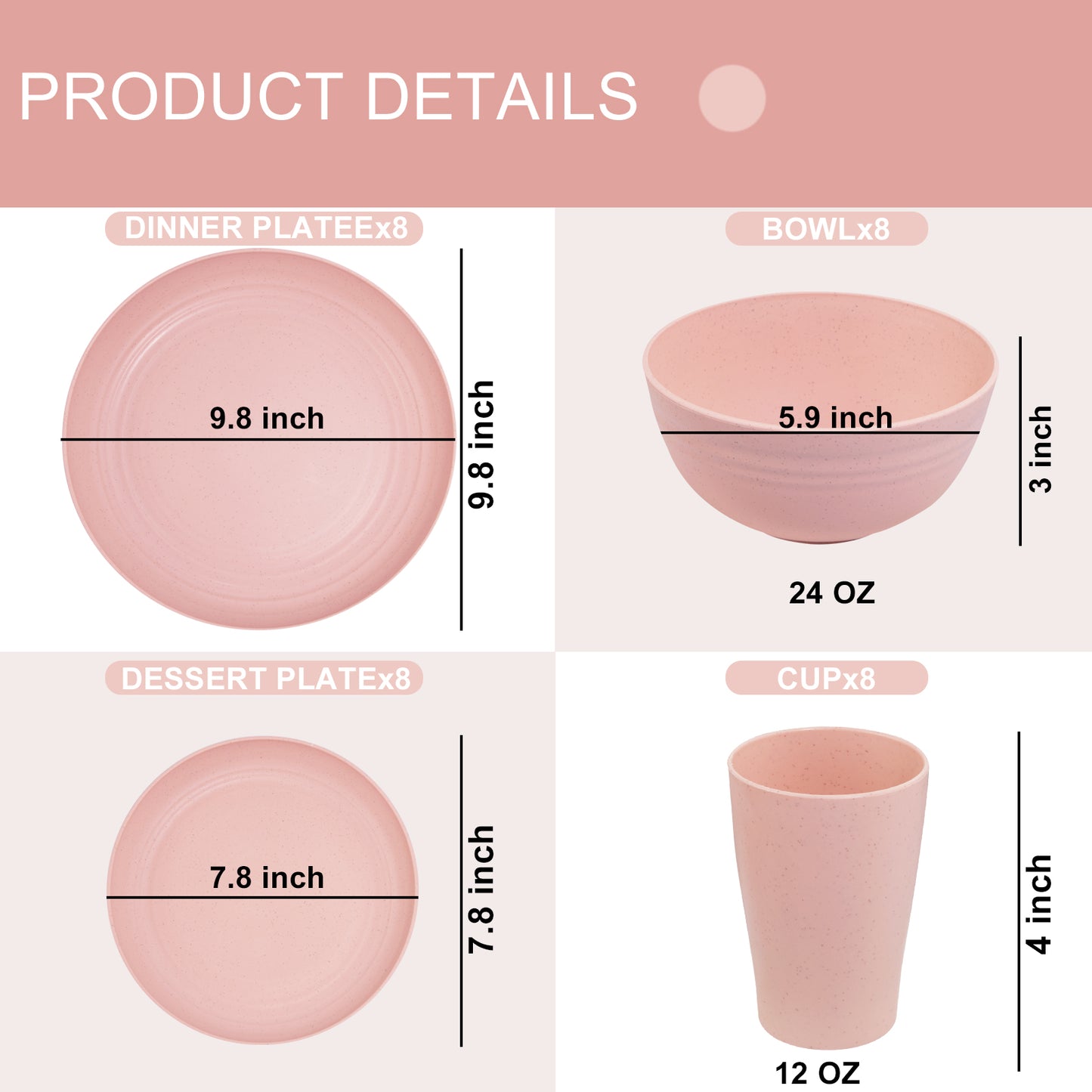 Pink Wheat Straw Dinnerware Sets, Pink Dishes for 8, Plates and Bowls Sets, Reusable Plastic Plates, Microwave Dishwasher Safe Plates, Pink Plastic Dinnerware Set, Pink Plastic Plates