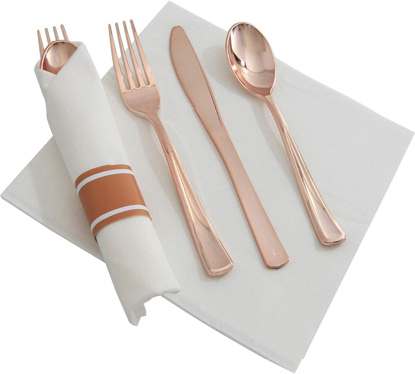 Set of 30packs,Rose Gold Plastic Silverware, Pre Rolled Napkin with Cutlery, Disposable Silverware with Rose Gold Linen Napkin, Wrapped Plastic Silverware Set Suit for Party,Wedding