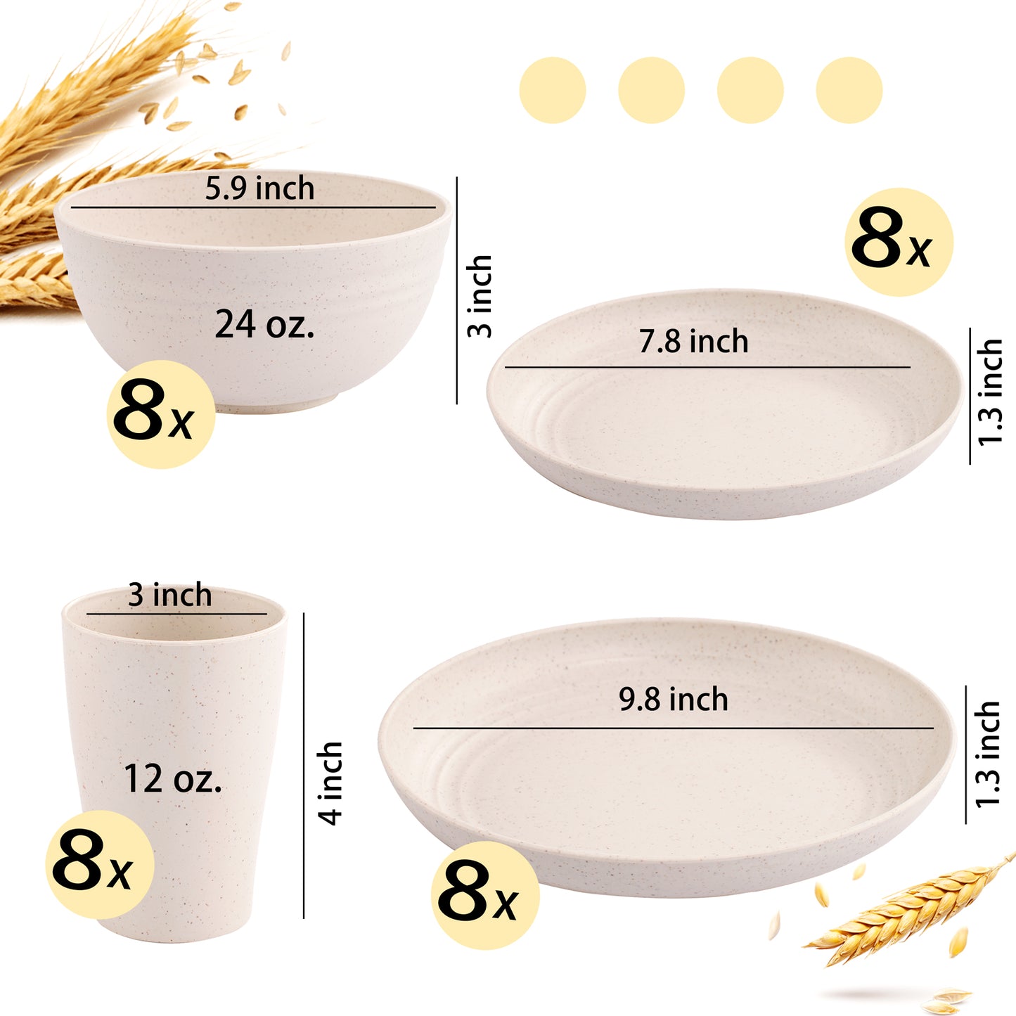 Wheat Straw Dinnerware Sets for 8,Microwave Dishwasher Safe,Unbreakable Dinnerware,Reusable Tableware Set,Beige Set 16pcs Plates, 8pcs Bowls, 8pcs Cups.