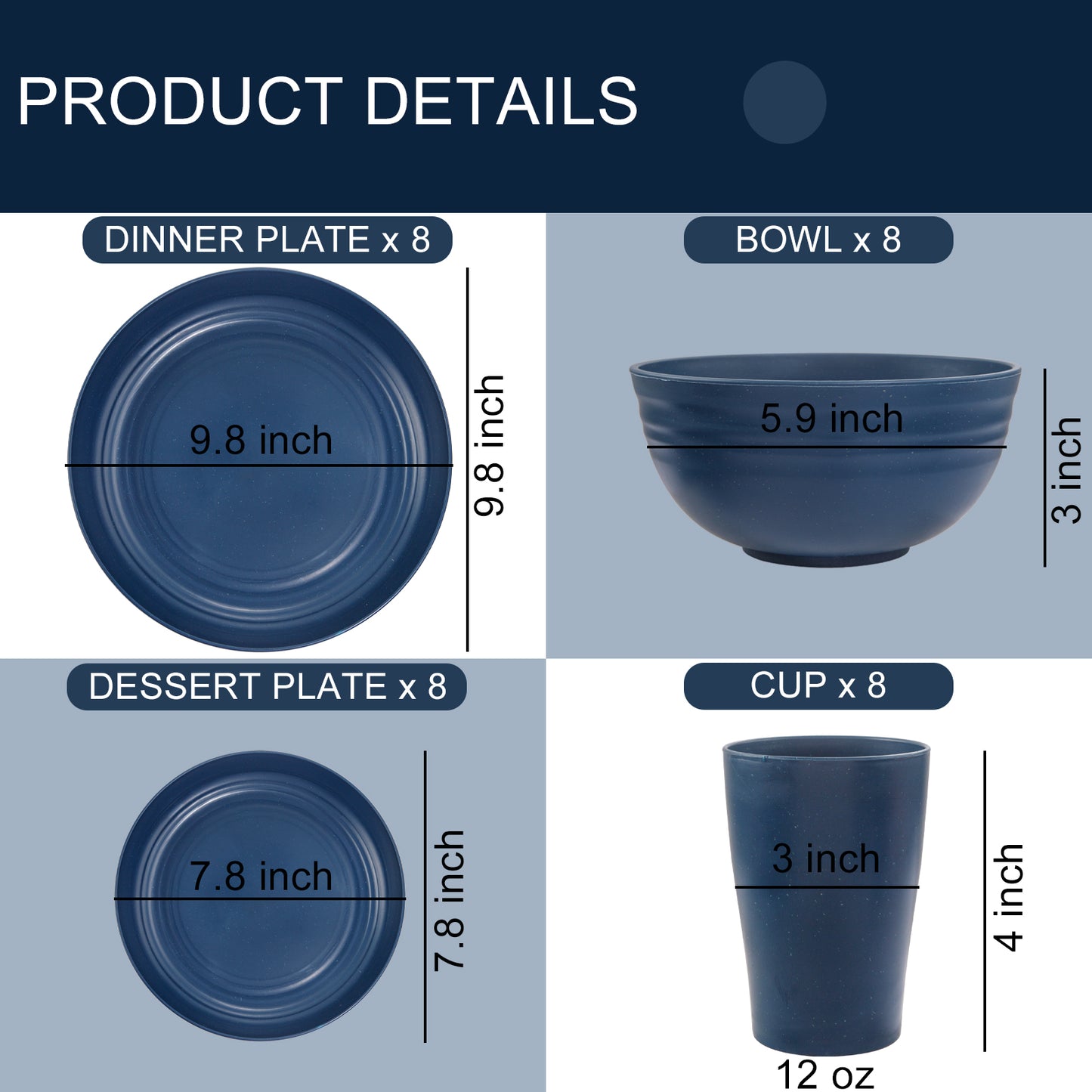 Wheat Straw Dinnerware Sets, Dinnerware Sets for 8, Plates and Bowls Sets, Reusable Dinnerware Set, Microwave Dishwasher Safe, Blue Plastic Dinnerware Sets 16pcs Plates, 8pcs Bowls, 8pcs Cups