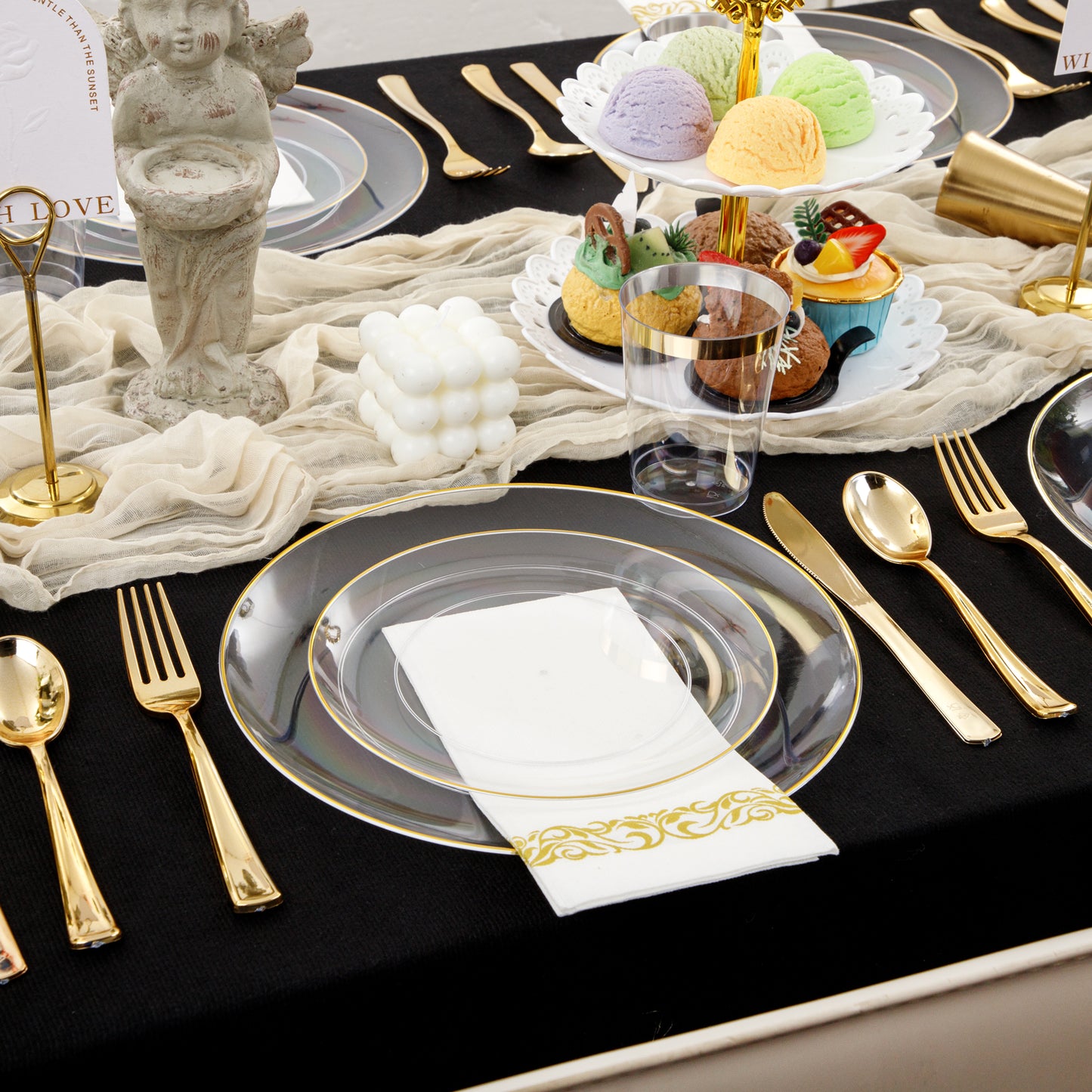 350PCS Clear and Gold Plastic Dinnerware Include Clear and Gold Plastic Plates Gold Plastic Silverware Heavy Duty,Gold Plastic Cups, Gold Napkins for Birthday Parties, Weddings