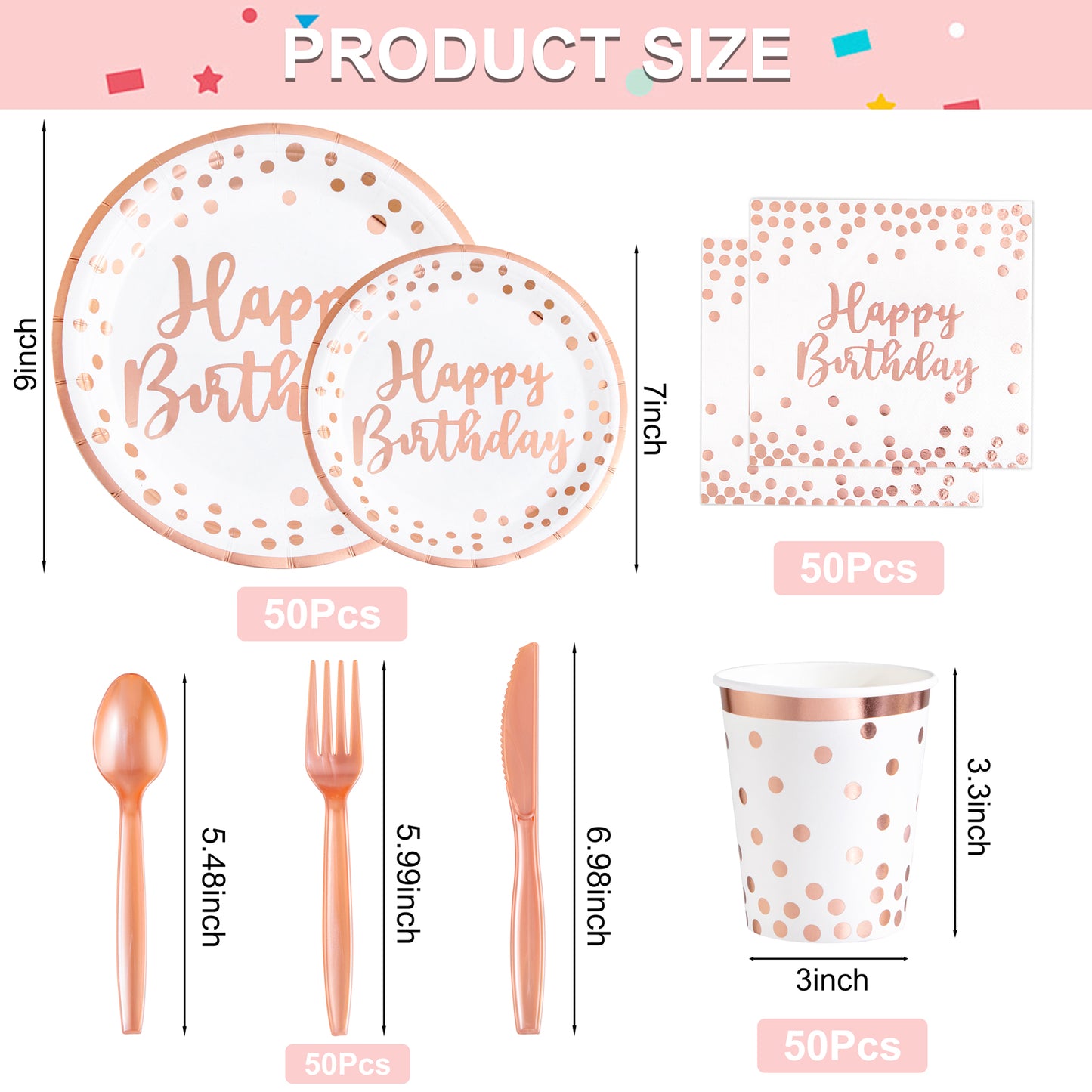350pcs Rose Gold Plates and Napkins Party Supplies,Birthday Plates,Happy Birthday Paper Plates,Rose Gold Birthday Plates and Napkins,Cups,Forks,Knives,Spoon for Women Birthday Decorations