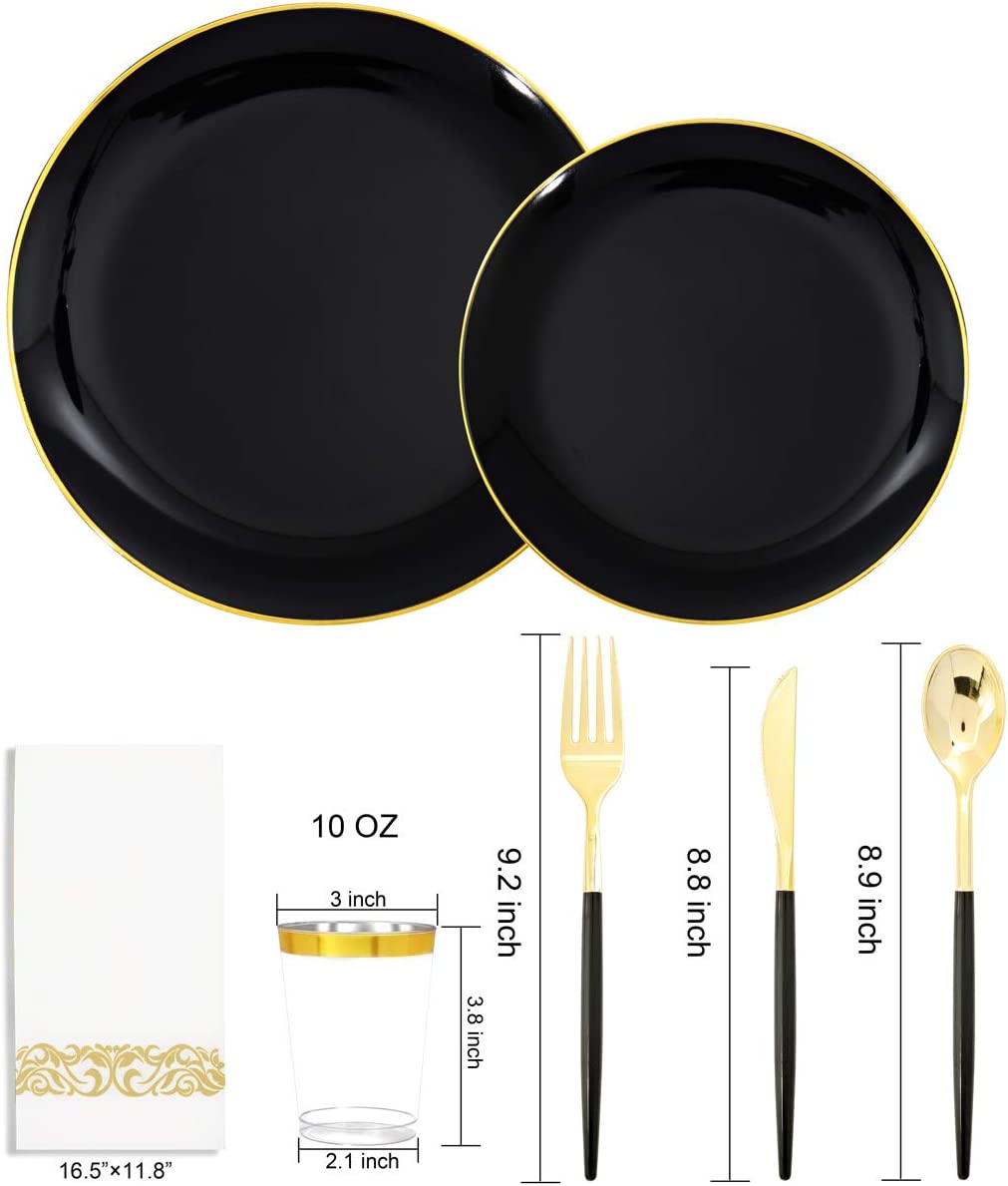 350pcs Black Plastic Dinnerware Set,Black Plastic Plates with Gold Rim,Black and Gold Plastic Plates,Gold Plastic Silverware,Wedding Party Plates,Plastic Cups with Gold Rim for Halloween