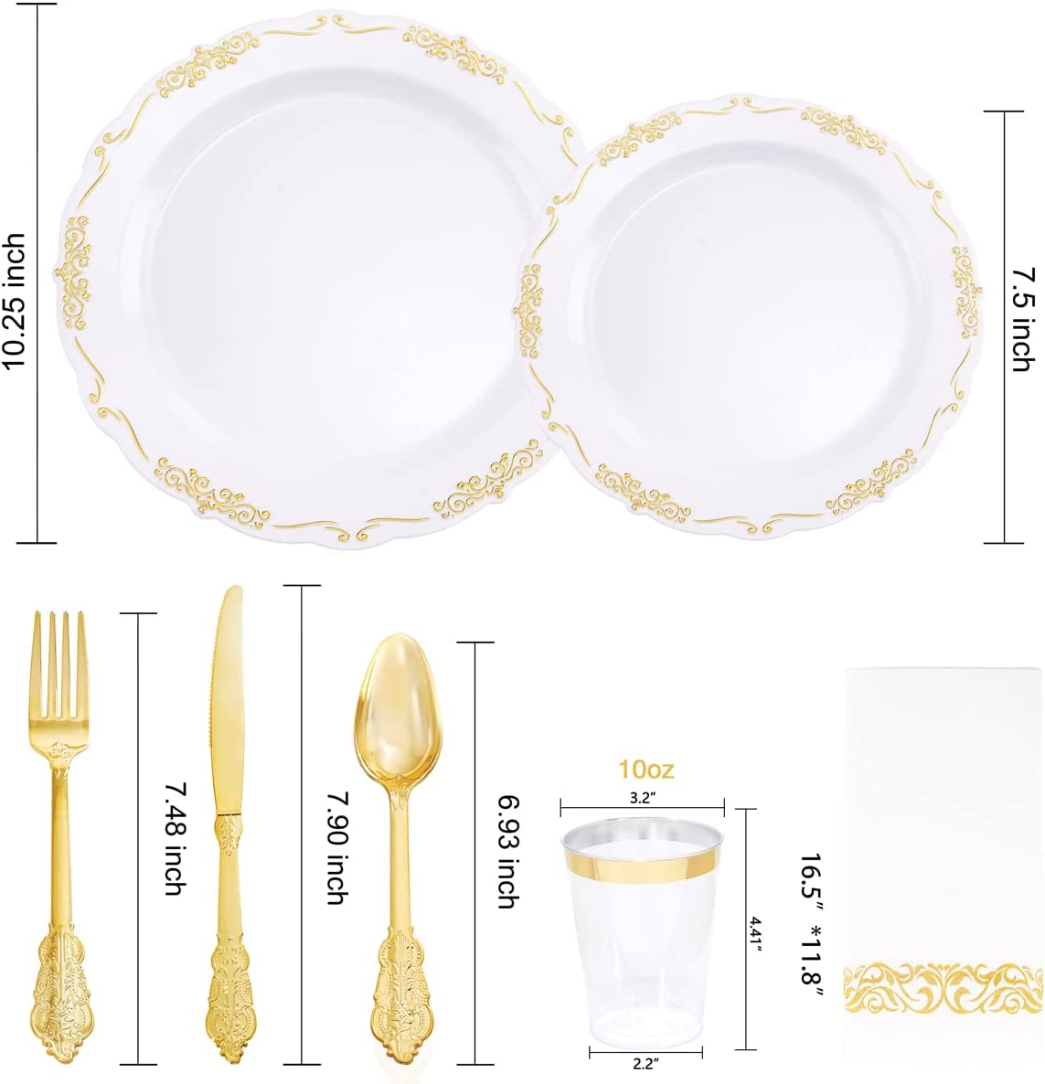 800pcs Gold Dinnerware Set,100pcs 10.25" Gold Rim Dinner Plates,100pcs 7.5" Gold Dessert Plates,400 Gold Plastic Silverware,100 Gold Cups,100 Gold Napkins,100 Guest Dinnerware