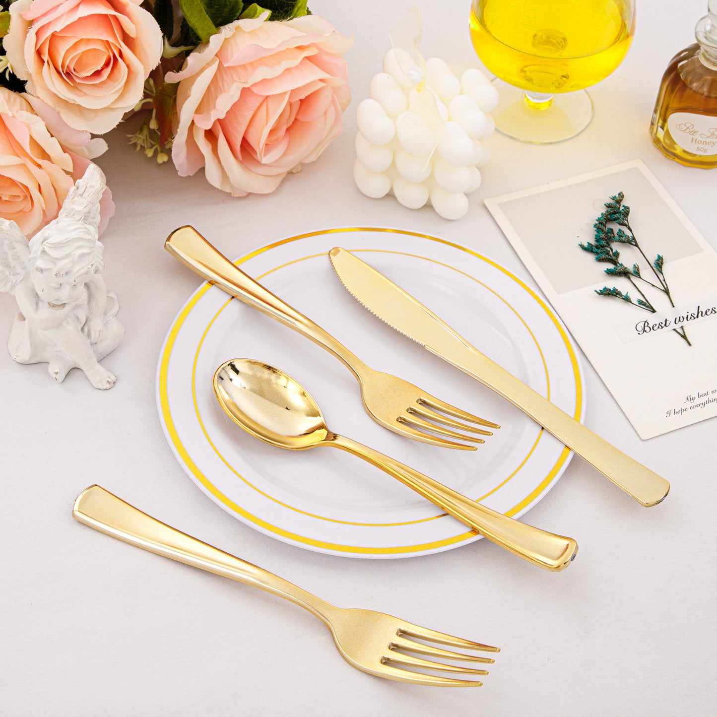 360pcs Gold Plastic Silverware Heavy Duty,Gold Silverware Disposable, Plastic Silverware Sets for Parties with 120 Gold Plastic Forks,120 Disposable Knives and 120 Disposable Spoons