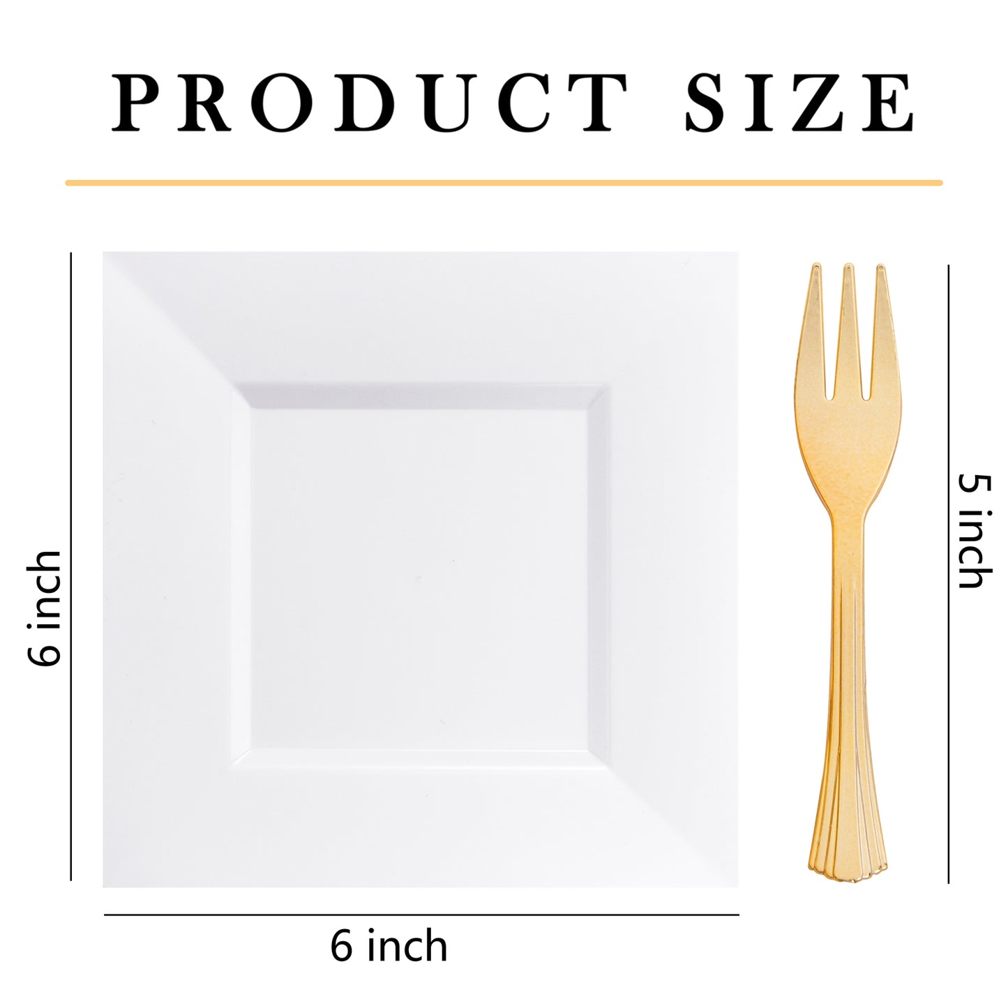 200Pcs White Dessert Plates 6" with Gold Plastic Forks 5.7",White Plastic Square Plates for 100 Guests,Fancy Gold Plates, Including 100 6" Plastic Plates and 100 5.7" Plastic Forks